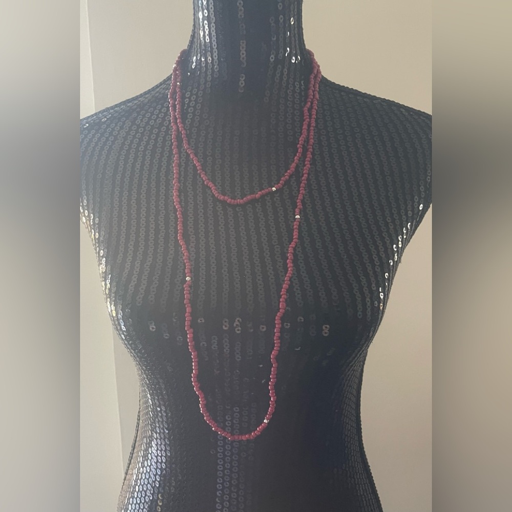 Red Glass Seed Bead Necklace 29”